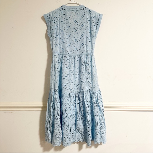 Sundance Astoria Eyelet Blue Buttoned Ruffled Cap Sleeve Tiered Midi Sun Dress - Picture 6 of 13